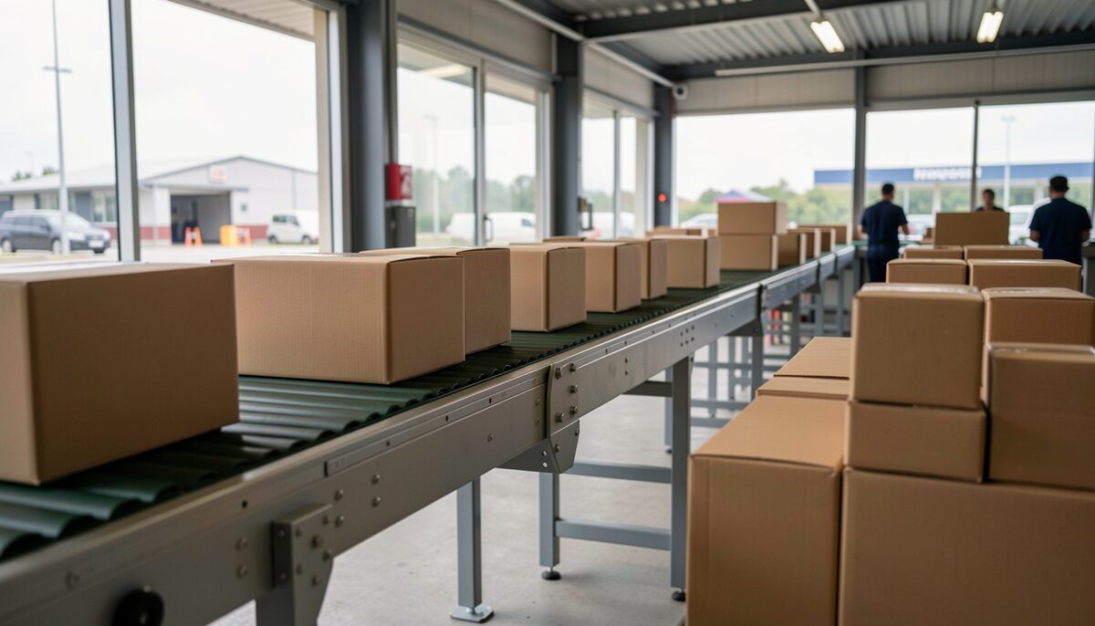 A customs checkpoint with a conveyor belt and plain brown parcels, no visible labels. Illustrative image, generated with AI.