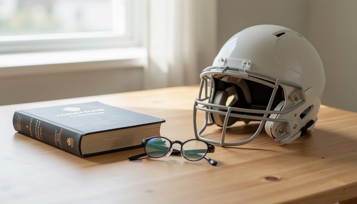 An unmarked football helmet resting beside a legal textbook on a desk. Illustrative image, generated with AI.