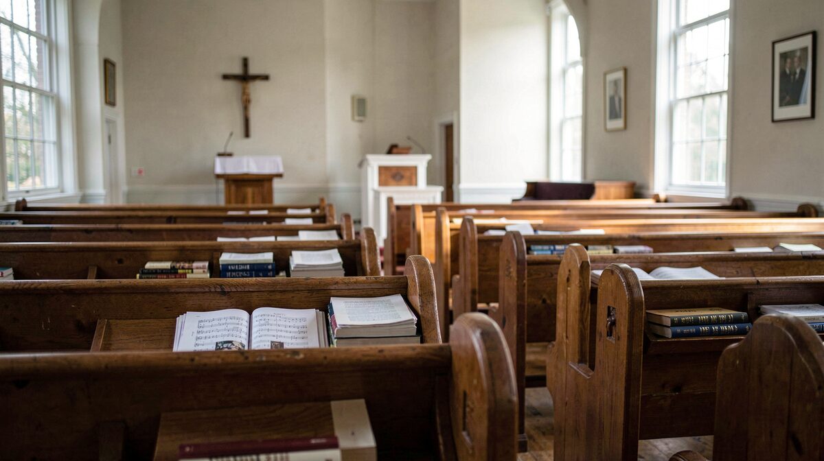 A quiet suburban church interior on a weekday morning, wooden pews, hymn books stacked neatly, soft window light, wide angle from the back of the room