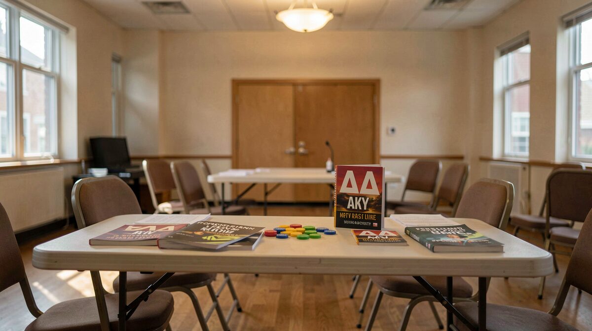 A folding table at the back of a community hall with AA literature and sobriety chips, warm overhead light, wide shot before a meeting starts.